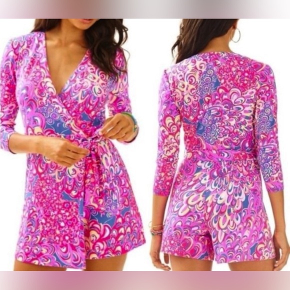 Lilly Pulitzer Pants - Lilly Pulitzer Karlie Wrap Romper, Pink / Blue / White / Yellow, Size Small